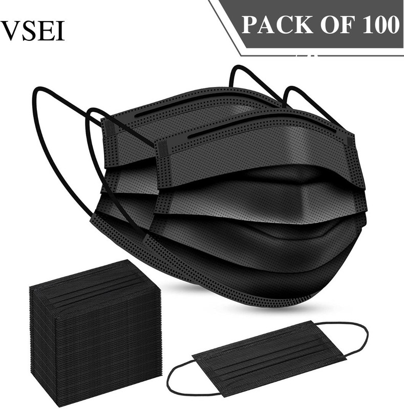 VSEI PREMIUM BLACK MASK Anti-Pollution, Anti-Virus, Anti-Bacteria Mask with Nose Clip, Comfortable MASK Surgical Mask With Melt Blown Fabric Layer(Black, Free Size, Pack of 100, 3 Ply)