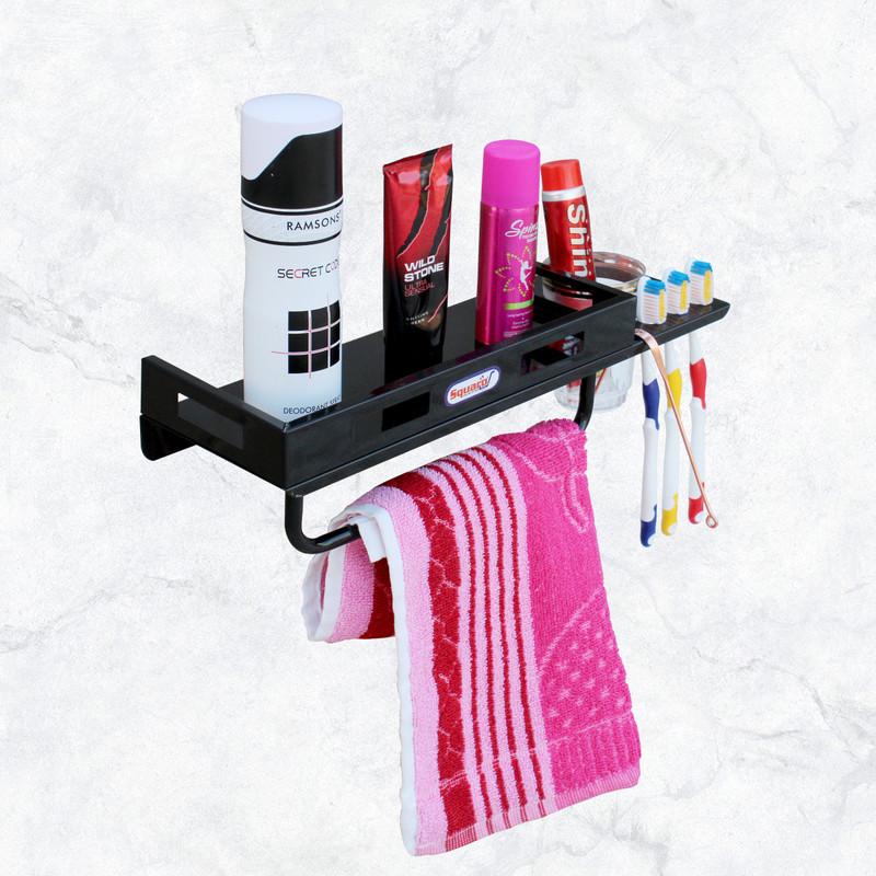 SQUARO ONLINE STORE 3 IN 1 Multipurpose Toothbrush Stand Bathroom Accessories Wall Shelves Carbon Steel Toothbrush Holder(Black, Wall Mount)