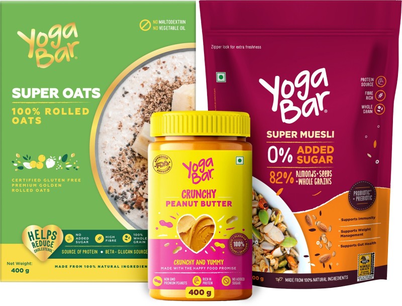 Yogabar No Added Sugar Breakfast Combo – Muesli 400g, Oats 400g, Peanut Butter 400g Plastic Bottle  (3 x 0.4 kg)