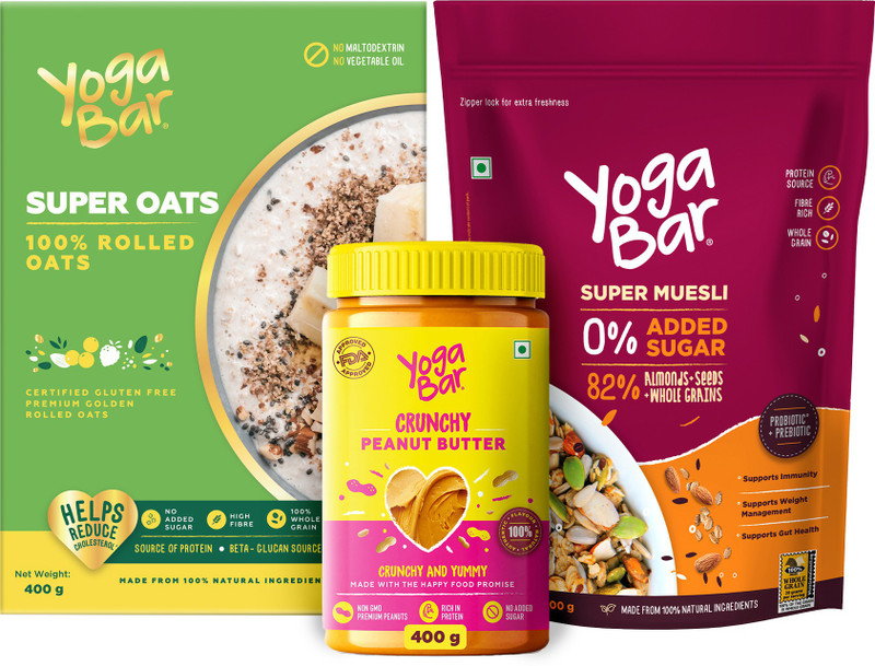 Yogabar No Added Sugar Breakfast Combo – Muesli 400g, Oats 400g, Peanut Butter 400g Plastic Bottle (3 x 0.4 kg)