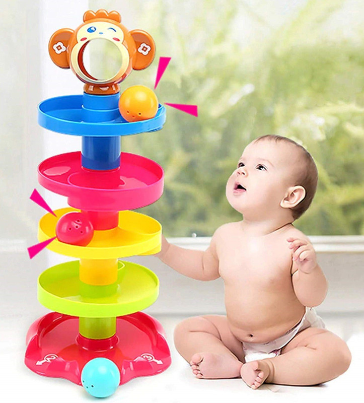 Goyal's MonkeyBall Drop Toy for Babies, 5 Layer Tower Run with 3 Rattle Balls,(Multicolor)