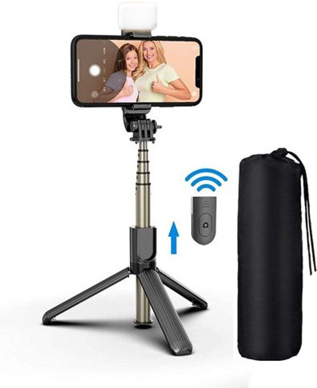 POZUB Selfie Stick BT Extendable Selfie Stick Tripod with Fill Light Shutter Remote Tripod, Monopod, Monopod Kit, Tripod Ball Head, Tripod Bracket, Tripod Clamp, Tripod Kit(Black, Supports Up to 600 g)