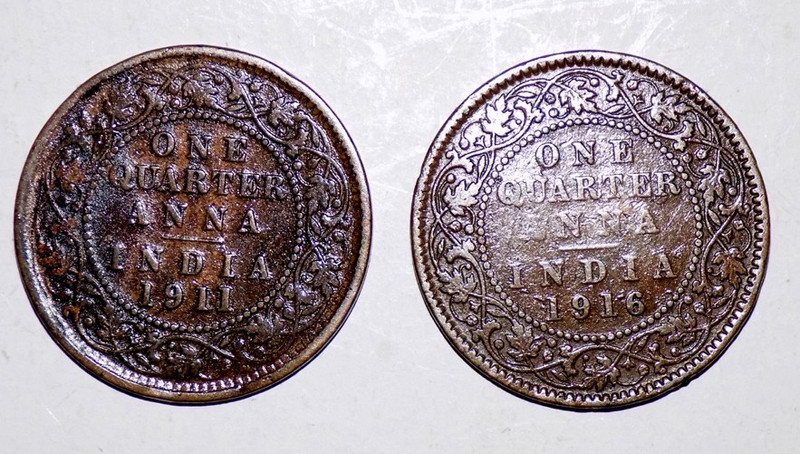 Hariom 1911-1916 - GEORGE V KING 1 QUARTER ANNA 2 BRITISH COINS LOT -WT.4.72 GRAM Ancient Coin Collection(2 Coins)