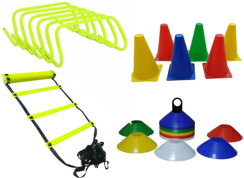 CF SPORTS 6 Inch Cones Pack 6,10 Space Markers and 4 Meter Ladder, 6" Hurdle Agility Combo Cricket Kit