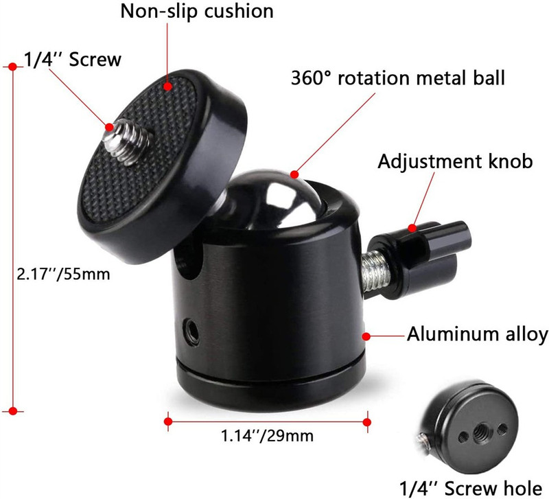 SOJUBA Tripod Mount Ball Head with 1/4" Screw Thread Base Camera Mount Adapter Clamp Tripod, Tripod Ball Head, Monopod, Monopod Kit, Tripod Bracket, Tripod Clamp, Tripod Kit(Black, Supports Up to 800 g)