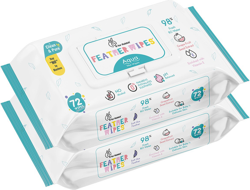 R for Rabbit Feather Aqua Baby Wipe Water Based With Lid 2 Pack x 72(144 Wipes)