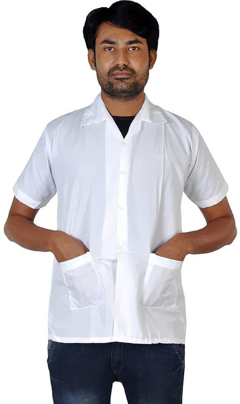 Faboholic Men’s Polycotton Medical Lab Coat White Half Sleeve Blue Apron, 2 Pockets Shirt Hospital Scrub(White M)