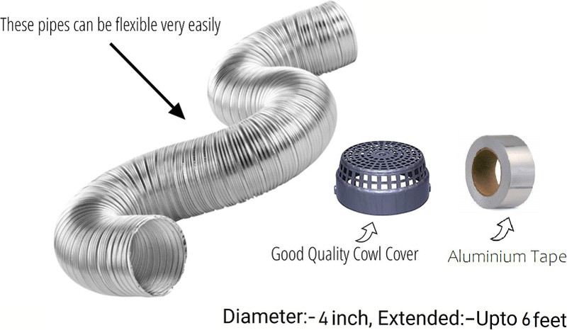 AMPEREUS 4 inch 6 feet with Cowl Cover and Aluminum Tape Premium Chimney Aluminum Duct Pipe Diameter is 4 Inch ( Extend upto 6 feet) Hose Pipe(183 cm)
