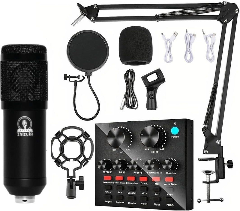 zhizuka Professional Condenser Microphone Kit Adjustable Scissor Arm Stand, Shock Mount, 3.5 mm Audio Jack Converter for Mobile and Computer, Studio Recording (3.5mm Microphone + Sound Card, Black) Microphone
