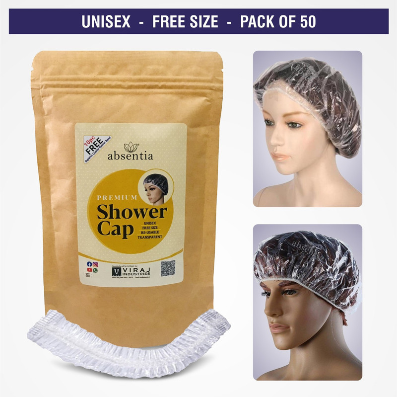ABSENTIA (50pcs) Premium SHOWER CAP -Waterproof-Multipurpose-(Home/Salon/Travel/Camping)