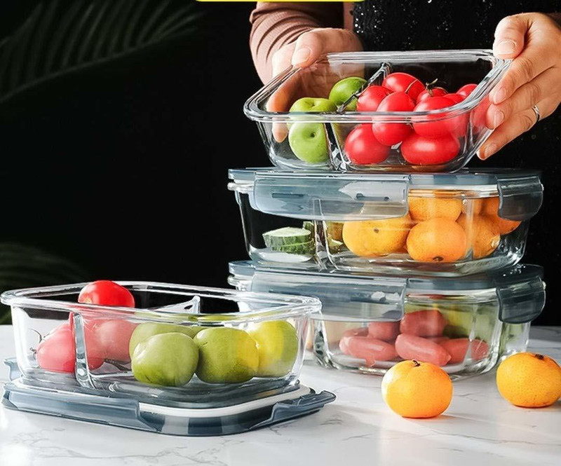 DAINERY Airtight Glass Lunch Box For School Tiffin Box Two Compartment Lunch Box 1 Containers Glass, Plastic Office Lunch Box(1000 ml)