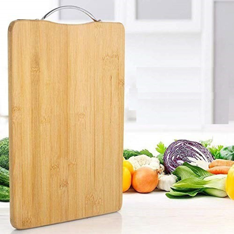 Bluwings Natural Wooden bamboo kitchen slicing chopping board with stainless steel handle Wooden Cutting Board(Brown Pack of 1 Dishwasher Safe)