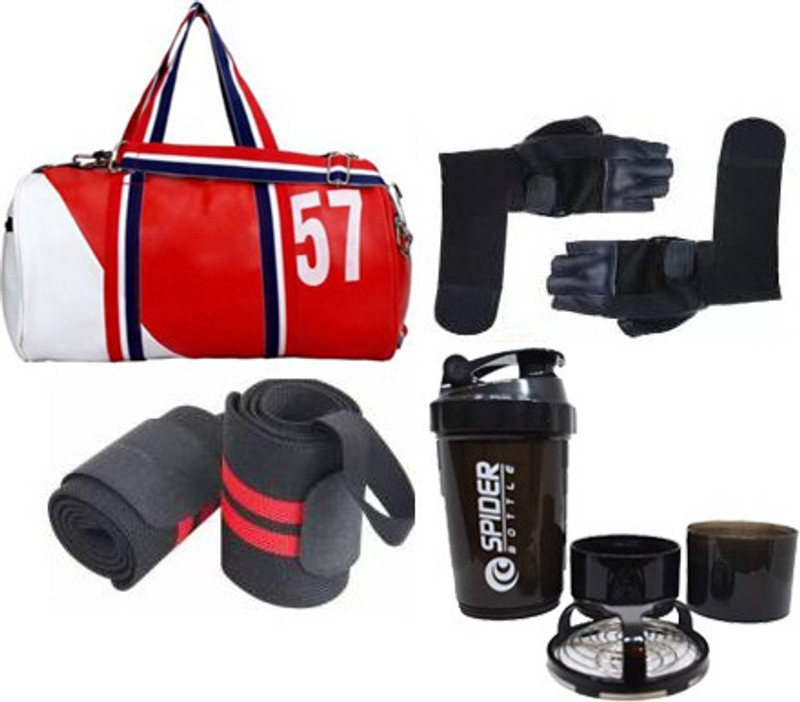 Snipper Shoe pocket Gym Bag(red) with spider bottle(Red) with wrist support & gym gloves Fitness Accessory Kit Kit