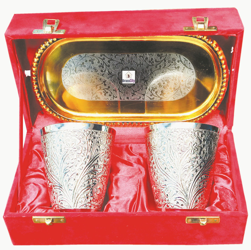 BrassCity Pure Brass glass Set of 2 pieces 2 Glasses 1 Tray Packed in a red Velvet Box Glass Tray Set(Brass)