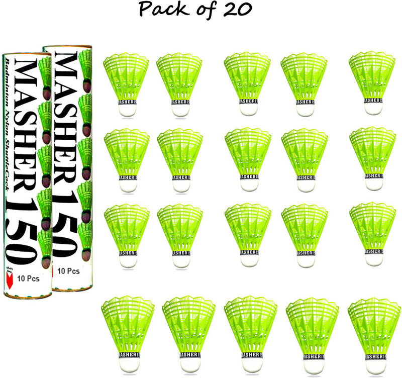 Hipkoo Masher 150 Badminton Shuttlecock {pack of 20} Nylon Shuttle  - Green(Medium, 77, Pack of 20)