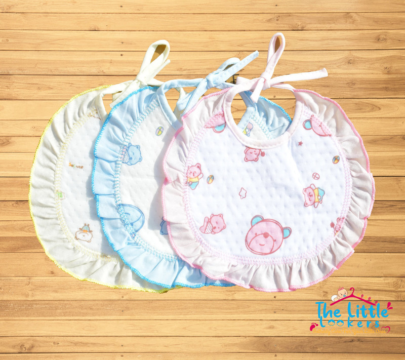 The Little Lookers Cotton Baby Bibs with tying robes for Bottle Feeding & Breast Feeding | Soft Cotton Fabric with PVC on Back|Double Layered Skins for Quick Absorption & Fast Drying (Frill Bib, Pack Of 3)(Multicolor)