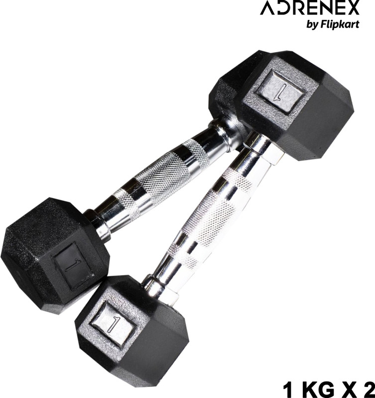 Adrenex Solid Rubber Hex Shape 1 Kg pair (Pack of 2) Fixed Weight Dumbbell(2 kg)