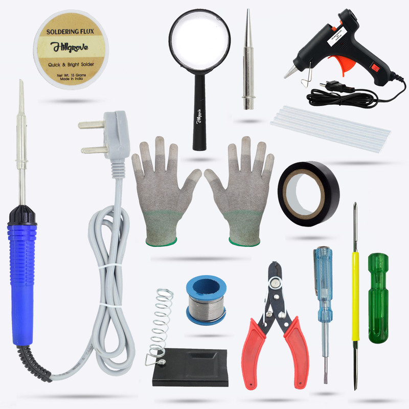 Hillgrove HGCM97M1 13in1 Soldering Iron Tool Kit (ESD) Gloves,Magnifying Glass 25 W Simple(Flat Tip)