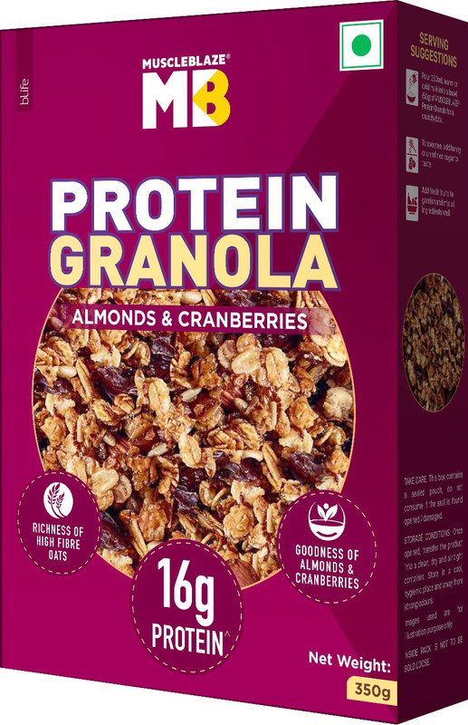 MUSCLEBLAZE Protein Granola, Breakfast Cereals, Almonds & Cranberries, 350 g Box
