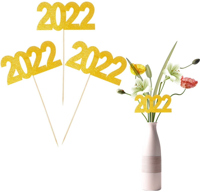 Festiko Festiko 12 Pieces Double Sided Glitter 2022 Center Cupcake Topper(Gold Pack of 12)
