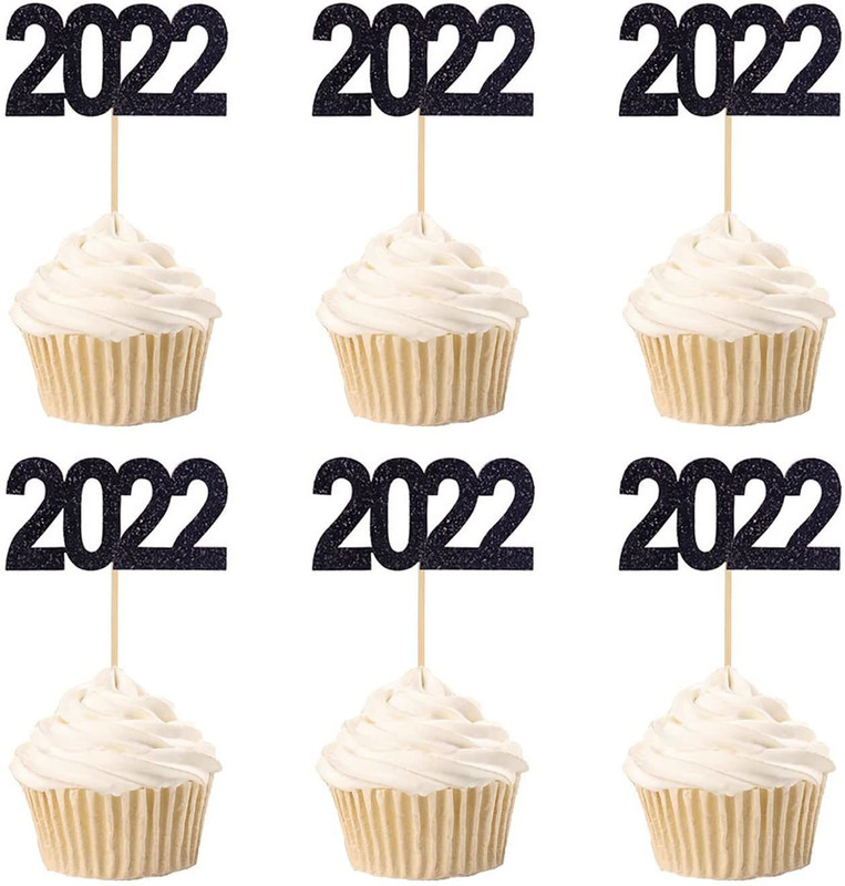 Festiko Festiko 2022 Cupcake Topper 24pcs Black Glitter 20 Cupcake Topper(Black Pack of 24)