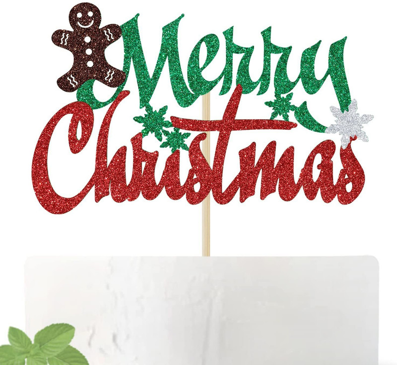 Festiko Merry Christmas - Red and Green Cake Topper(Gold Pack of 1)