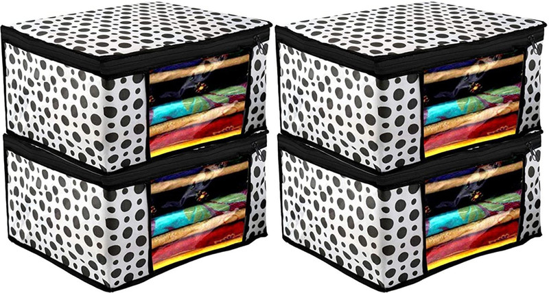 Etofli Nylon 4 Piece Non Woven Fabric Saree Cover/ Clothes Organiser (Black & White) Storage Basket(Pack of 4)