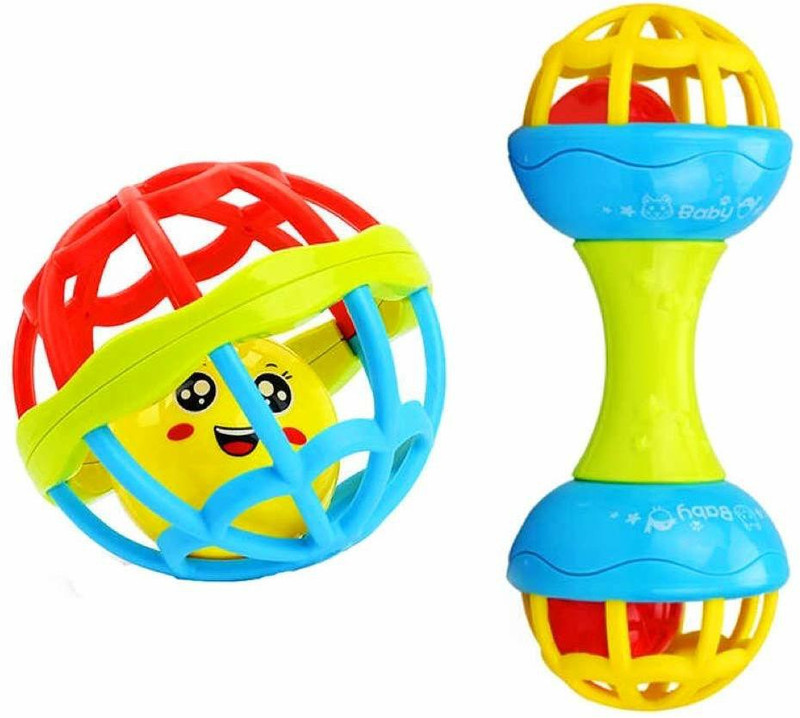 NKCORP Rattle Toys for Baby, Dumbbell Grab & Rolling Ball, Multicolored (2PC) Rattle(Multicolor)
