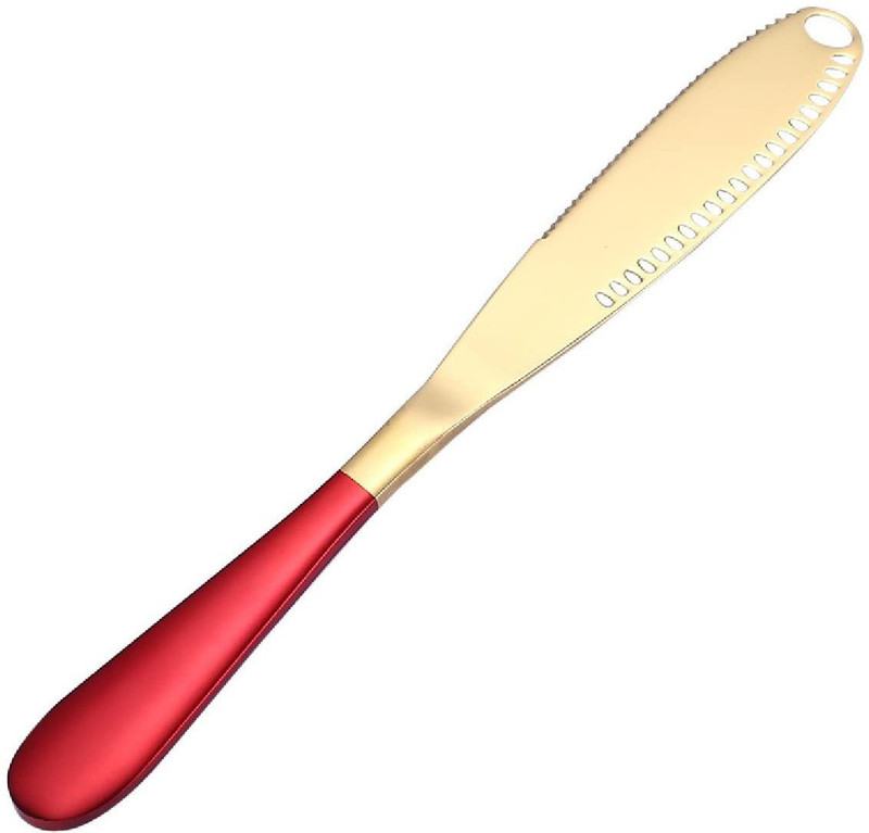 TOMATUS 1 PCS Butter Knife, 3 in 1 Stainless Steel Easy to Hold (Gold,Red) Stainless Steel Butter Spreader, Cheese Knife(Pack of 1)