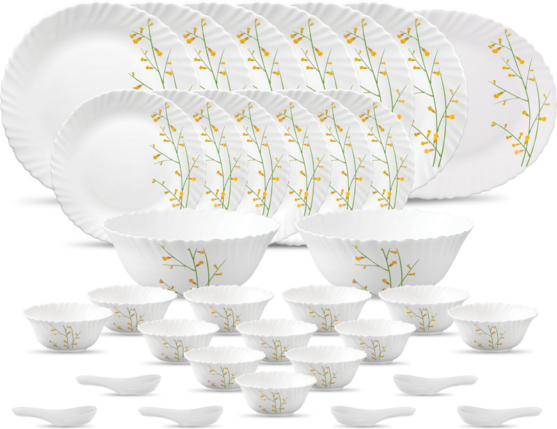 LAOPALA Pack of 33 Opalware Diva Classique Collection Citron Weave Dinner Set(White, Green, Yellow, Microwave Safe)