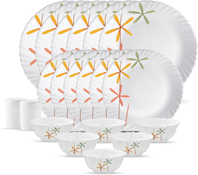 LAOPALA Pack of 20 Opalware Autumn Flower Opalware Dinner Set (Set of 20 pcs) Dinner Set(Yellow, Pink, Green, White, Microwave Safe)
