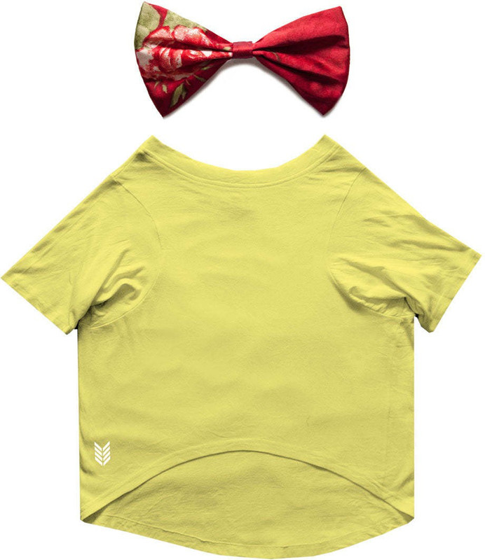RUSE T-shirt, Dress for Dog(Solid Pets Crew Neck & Red Floral Satin Printed Bow Tie (Yellow)