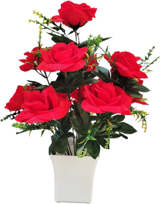 abhay flowers and fashion VELVET ROSE Red Rose Artificial Flower with Pot(14 inch, Pack of 1, Flower with Basket)