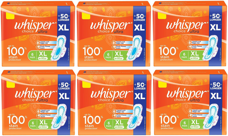 Whisper Choice Ultra For Women, XL - (6+6+6+6+6+6 Count) Sanitary Pad(Pack of 6)
