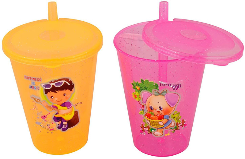 PuthaK WiiBross BPA Free Sipper Glass with Straw and Lid for Kids- Pack Of 2(Multicolor)