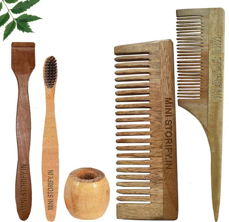 Mini Storify Truly Organic 1 Neem Tail Comb & 1 Shampu Comb|1 Neem kids Brush & 1 tongue Cleaner|1 Stand