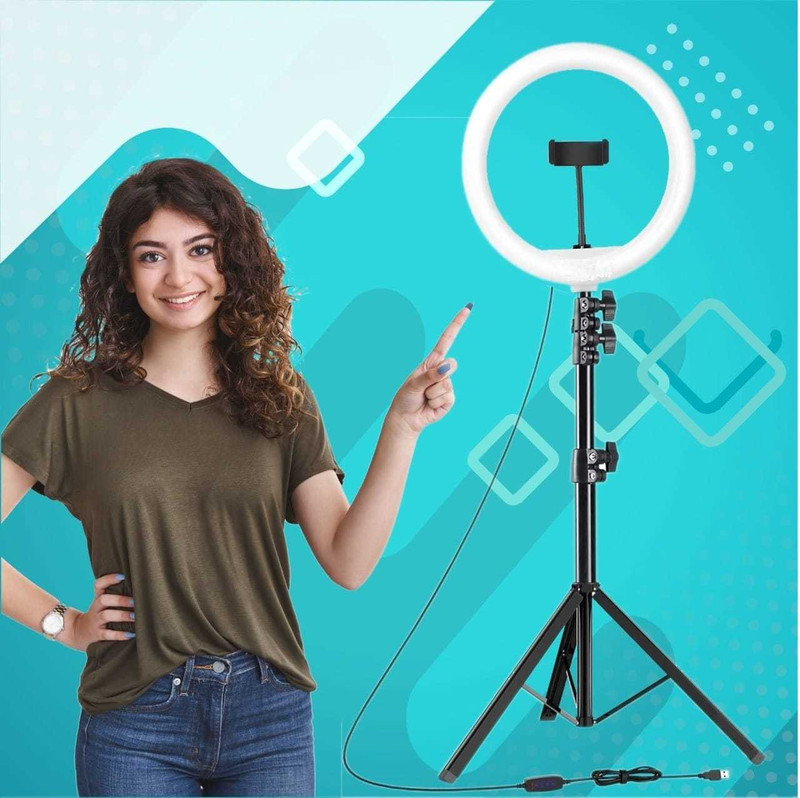 airtech Big Tripod Stand for Live Stream-LED Ring Light-10 Inch with Phone Holder Dimmable for Tik-Tok, mx taka tak, Josh, Moj, Mitron, Instagram Reels, Likee Tripod Stand Ring Flash 9 FT Tripod Kit (Black) Tripod Kit(Black, Supports Up to 1999 g)