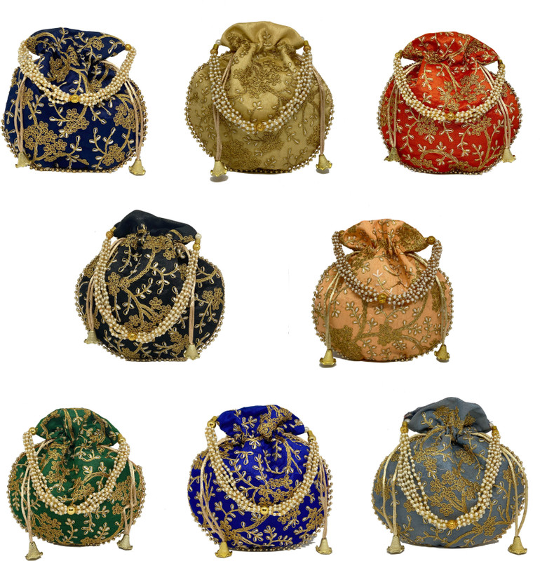 PREESA Women's Silk Pack of 8 Combo Potli Bag, Wedding Gift, Return Gift Potli(Pack of 8)