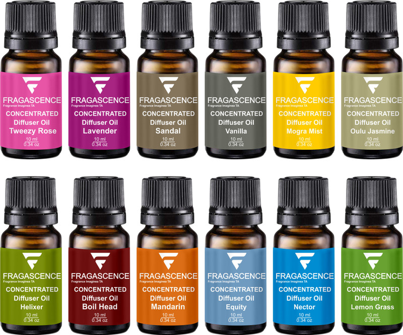 Hriday Tweezy Rose, Vanilla, Nectar, Lavender Lique, Boilhead, Helixer, Mandarin, Equity, Mogra Mist, Lemongrass, Oulu Jasmine, Sandal Twig Aroma Oil, Diffuser, Diffuser Set, Potpourri Aroma Diffuser Oil with 12 Fragrances, 10 ML each Pack Of 12 (Tweezy Rose, Sandal Twig, Oulu Jasmine, Lemongrass, M