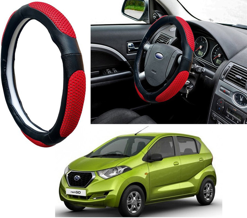 Selifaur Steering Cover For Datsun Go(Red Black, Leatherite, Fabric)