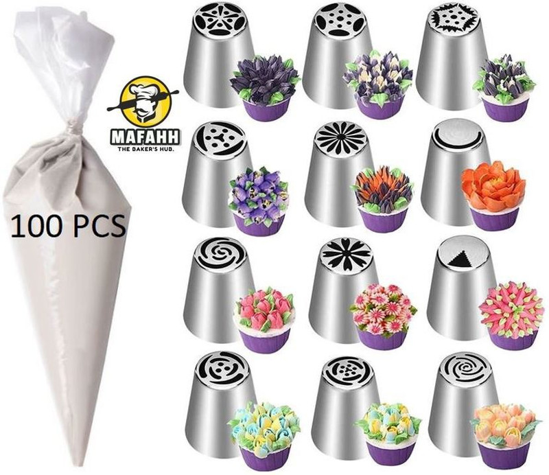 MAFAHH 112 pcs Combo of 12pcs Stainless Steel Russian Piping Nozzles with 100 pcs Icing Piping Bags Kit for Cake Decoration Kitchen Tool Set(Baking Tools)
