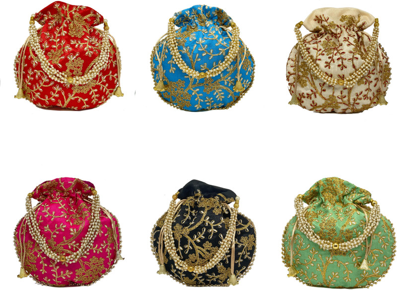 PREESA Women's Silk Pack of 4 Combo Potli Bag, Wedding Gift, Return Gift Potli(Pack of 4)