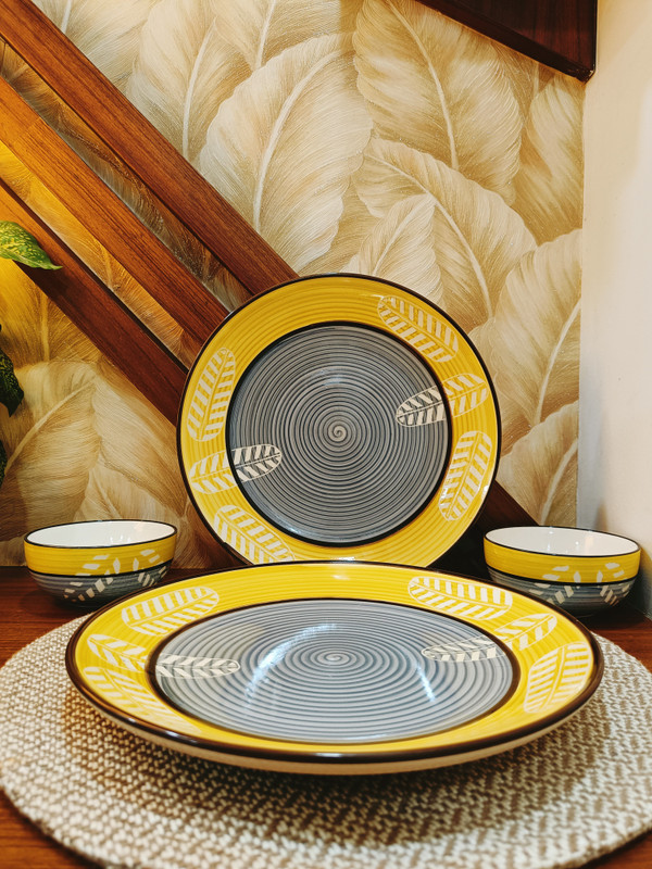 caffeine Ceramic caffeine Ceramic Handmade Yellow Leaf Combo Dinner Set (Set of 4) Dinner Set(Yellow, Microwave Safe)