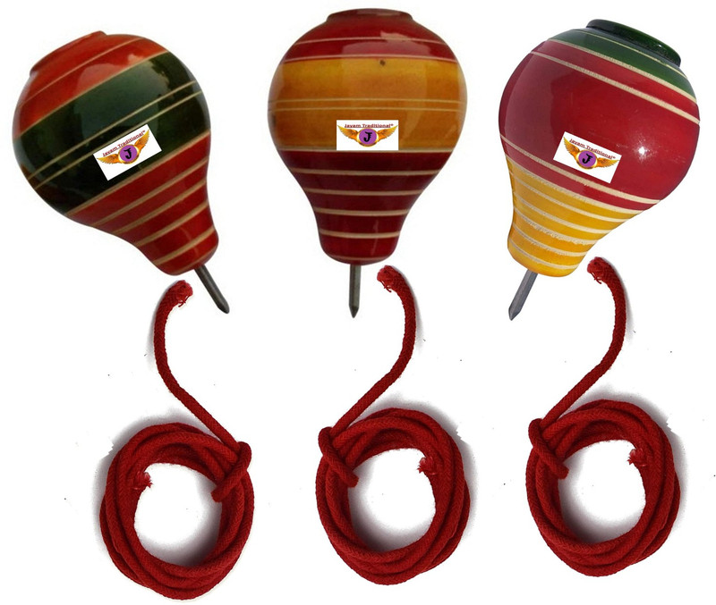 Jayam Traditional Wooden Spinning Tops/lattoo/bambaram/buguri/bongaram with String/Pack of 3(Multicolor)