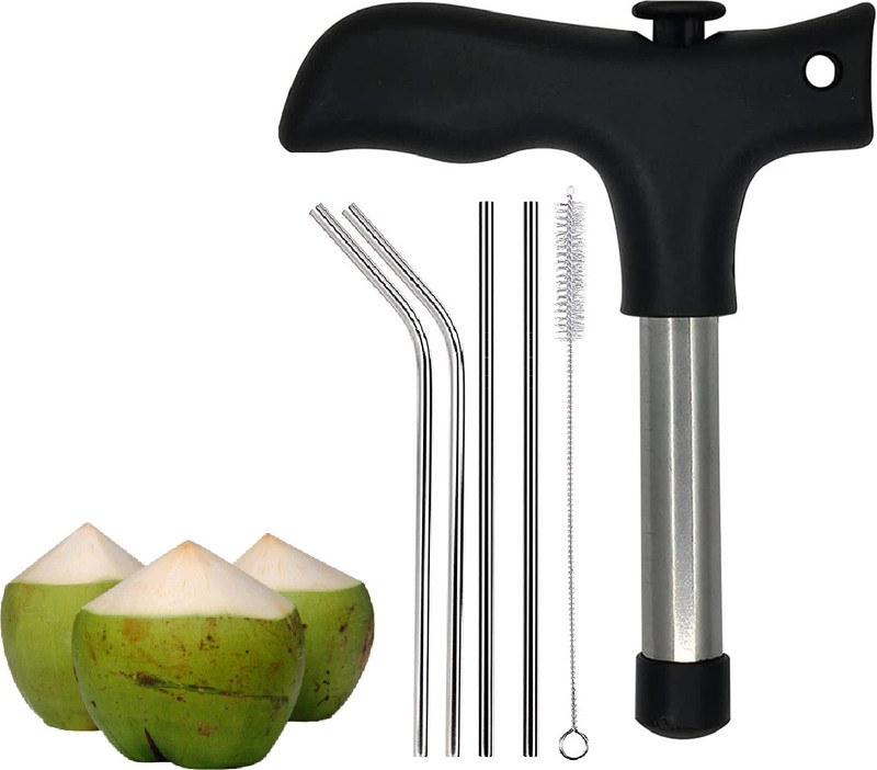 TruVeli Premium Coconut Opener Tool with 4 Reusable Straws and Brush Straight Peeler(Black, Silver Pack of 2)