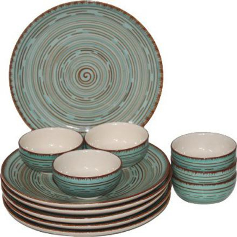 VolCraft Pack of 8 Ceramic Hand Painted Pasco Design 4 Dinner Plate, 4 Bowl Microwave & Dishwasher Safe Dinner Set(Green, Brown, Microwave Safe)