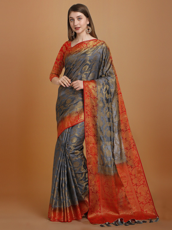 COSBILA FASHION Woven Banarasi Cotton Silk Saree(Red, Grey)