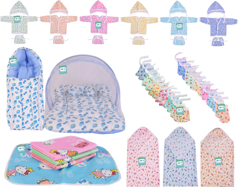 Funtus Cotton Baby Bed Sized Bedding Set(Multicolor, 1Pcs Mosquito net, 1Pcs Sleeping Bag, 4Pcs Bed Protector, 3Pcs Blanket, 6 T-Shirts, 6 Matching Caps, 6 Matching Mittens, 6 Matching Booties, 6 Matching Nappies)