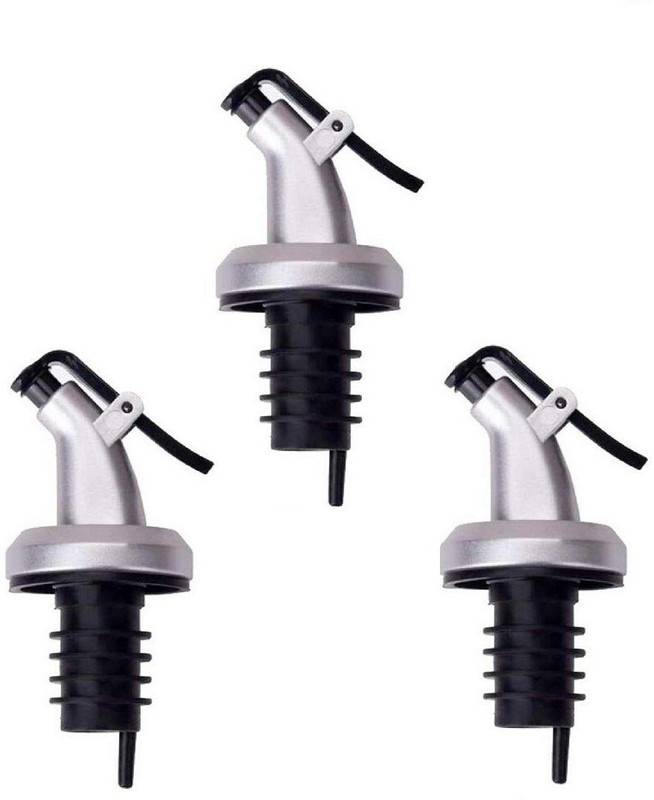 SIOPAWORLD Oil Cap, Flow Dispensers Clear Glass 500 ML (pack of 3) Plastic Bottle Stopper(Silver, Black)
