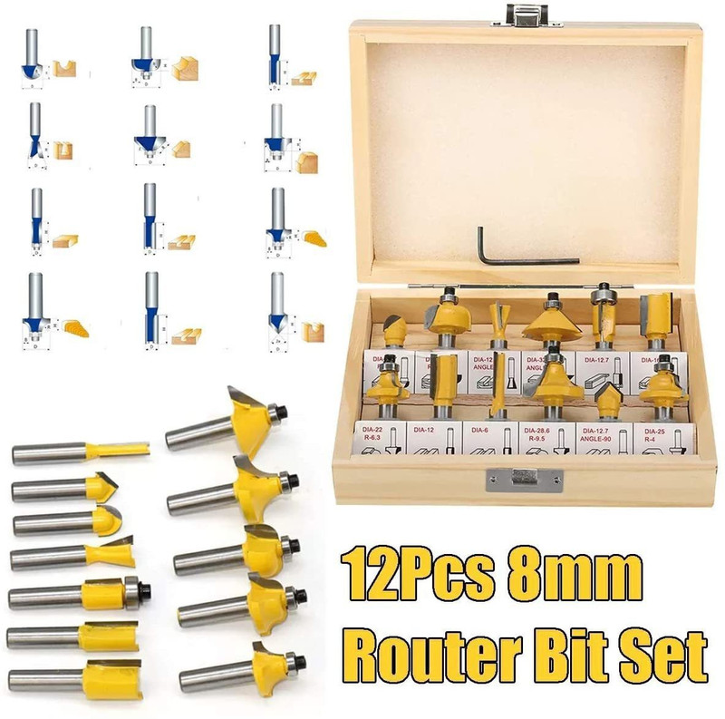 uptoak 8mm Shank Router Bit Set Woodworking Cutter Tool with Wooden Case 12pcs Router Bits Drill